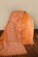 Peach–Coral Jamdani-Inspired Banarasi Silk Saree