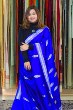 Pure mashru silk saree with banarasi silver and golden zari kadwa weaving-Electric Blue