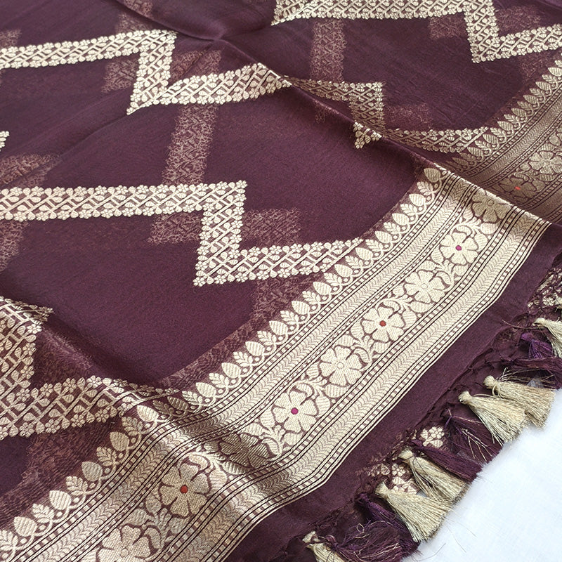 Maroon Banarasi Munga Silk Suit Set with Antique Gold Zari Weave