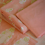 Peach Chanderi Jamdani Banarasi Suit Set with Zari Floral Motifs & Hand-Knotted Tassels