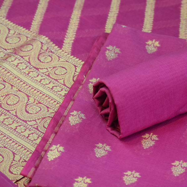 Hot Pink Banarasi Suit Fabric with Regal Zari Stripes