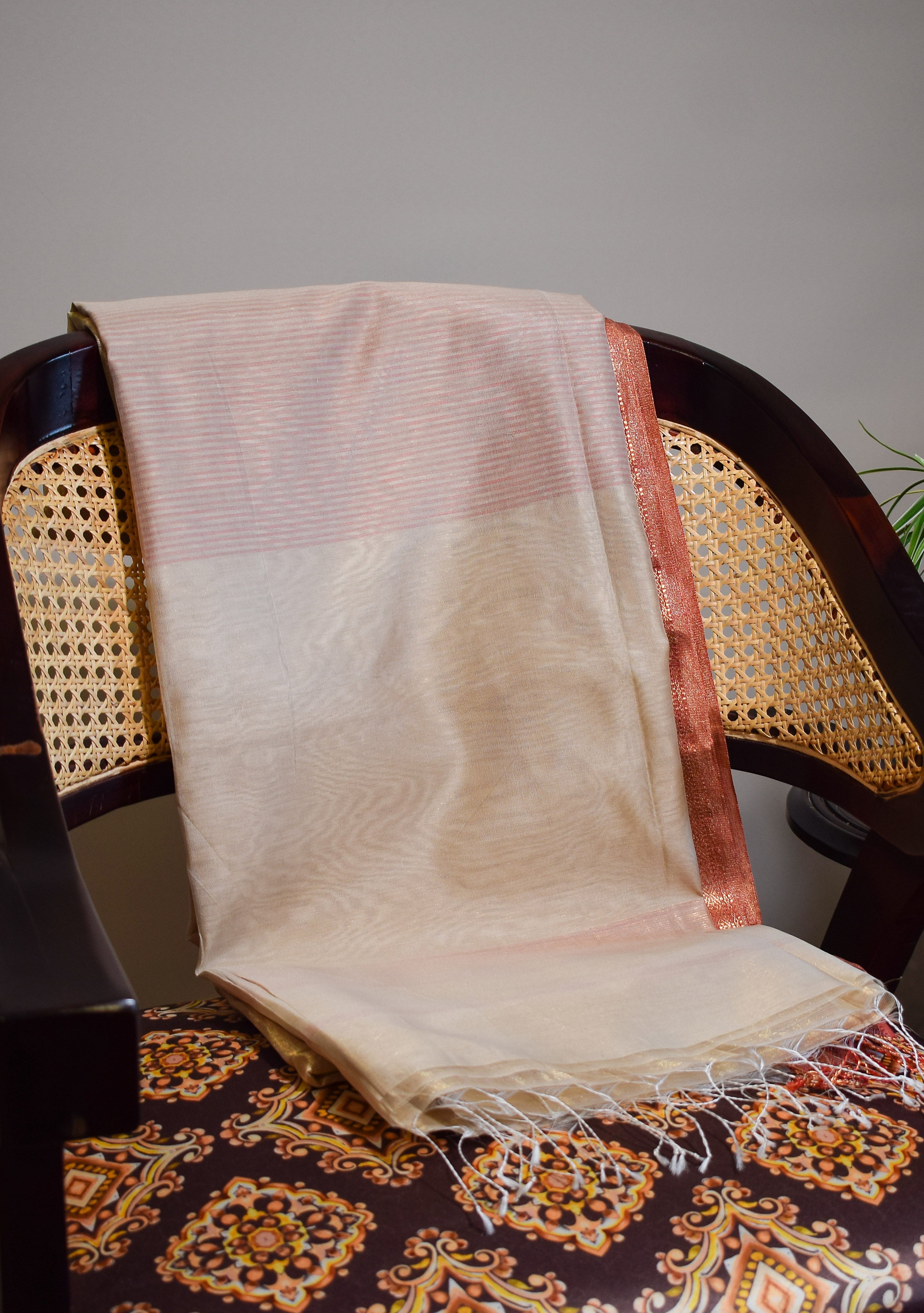 Champagne Gold Maheshwari Tissue Silk Saree