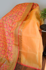 Coral Peach Jamdani-Inspired Banarasi Silk Saree with Floral Motifs