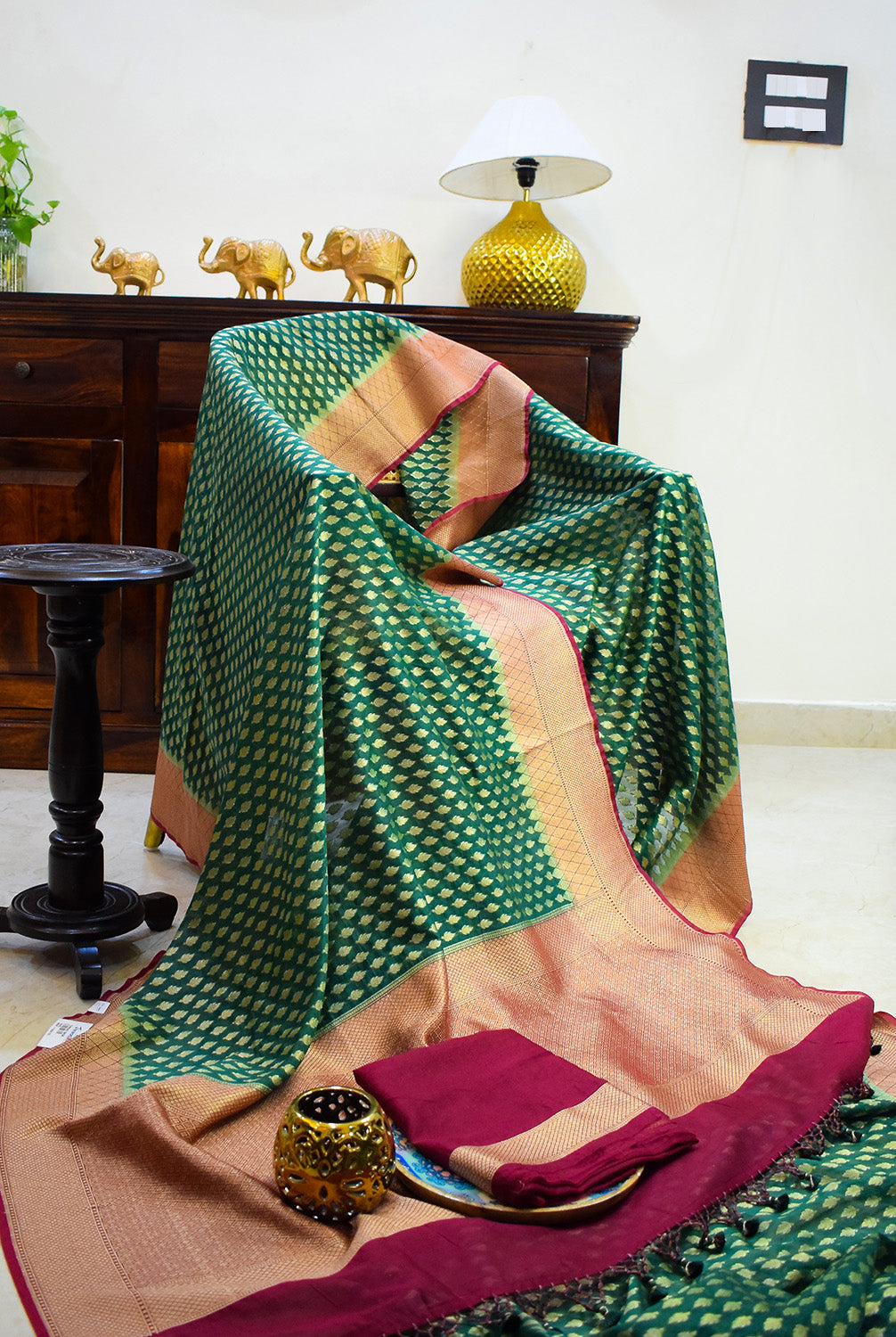 Chanderi Banarasi woven saree-Bottle green