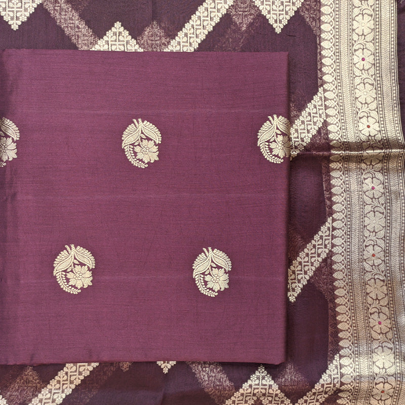 Maroon Banarasi Munga Silk Suit Set with Antique Gold Zari Weave
