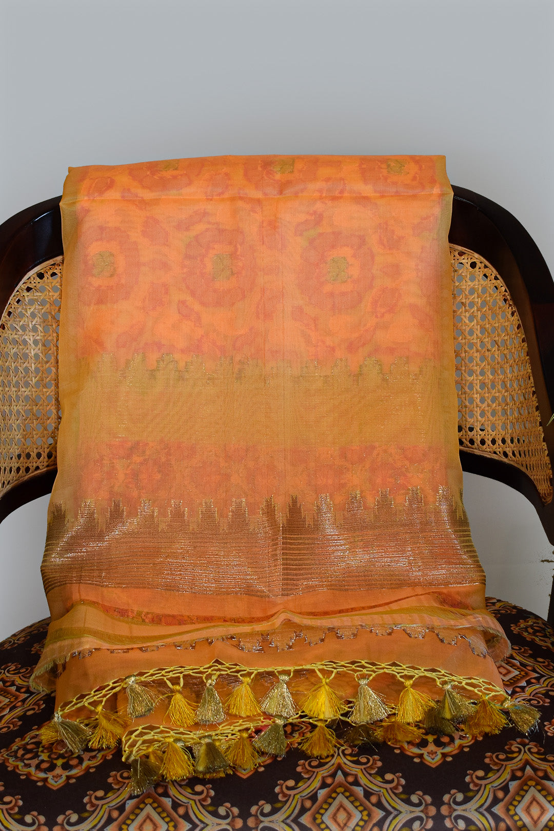 Coral Peach Jamdani-Inspired Banarasi Silk Saree with Floral Motifs