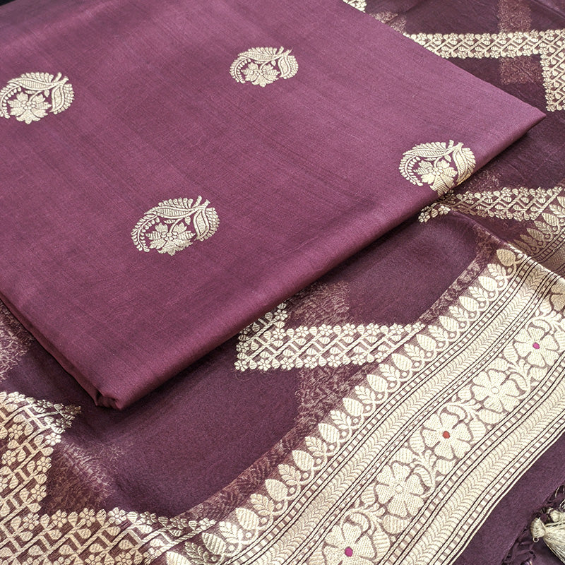 Maroon Banarasi Munga Silk Suit Set with Antique Gold Zari Weave