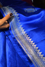 Pure mashru silk saree with banarasi silver and golden zari kadwa weaving-Electric Blue