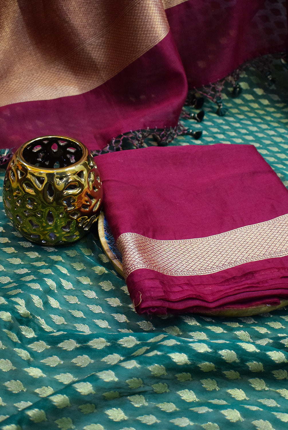 Chanderi Banarasi woven saree-Bottle green