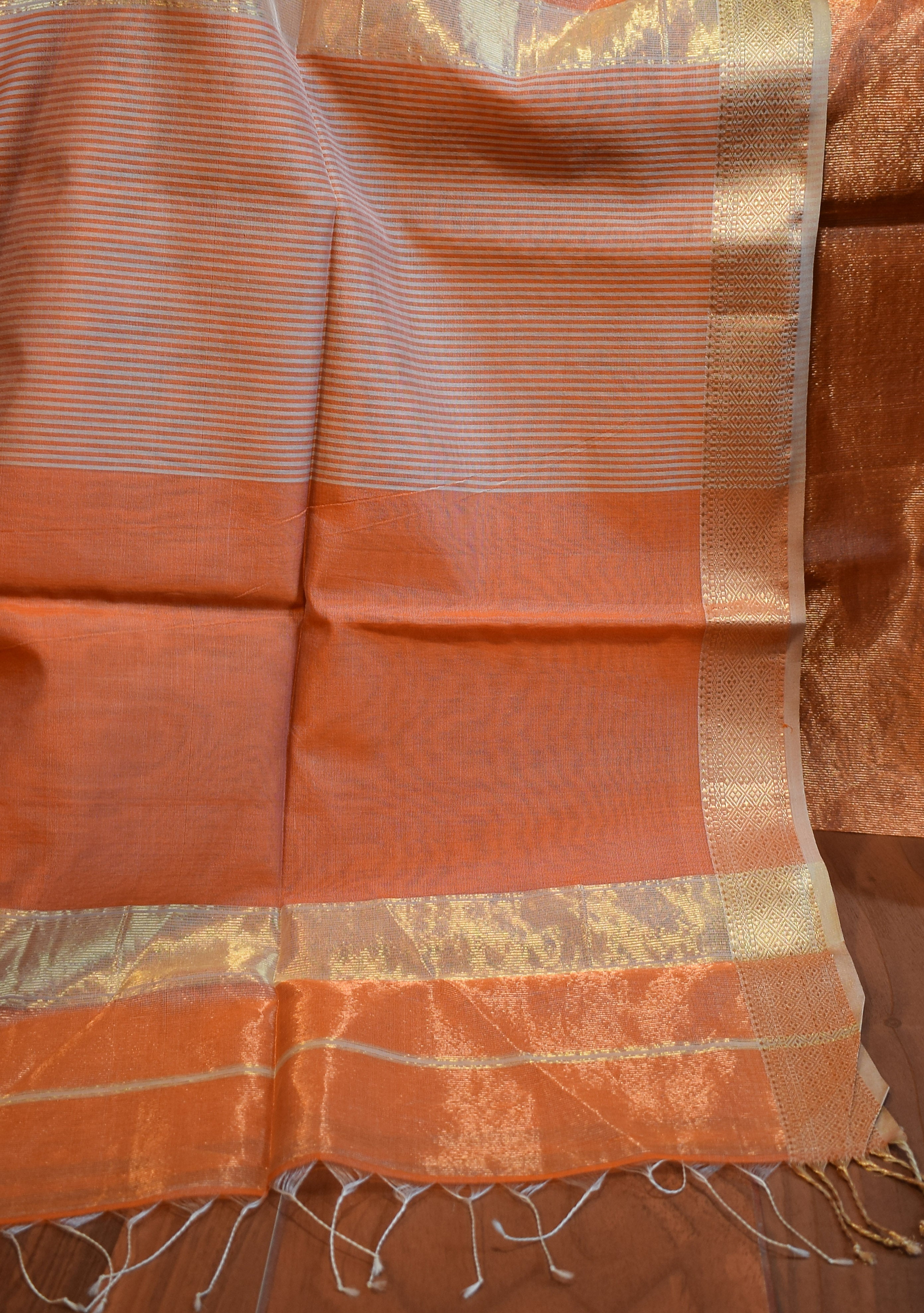 Peach Maheshwari Tissue Silk Saree