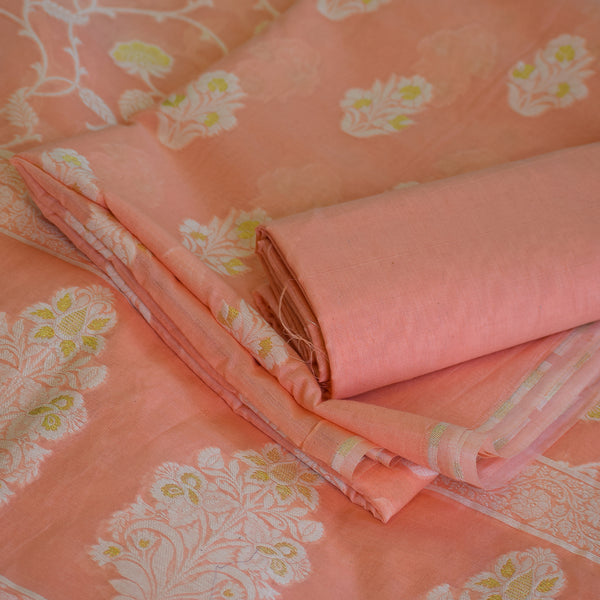 Peach Chanderi Jamdani Banarasi Suit Set with Zari Floral Motifs & Hand-Knotted Tassels