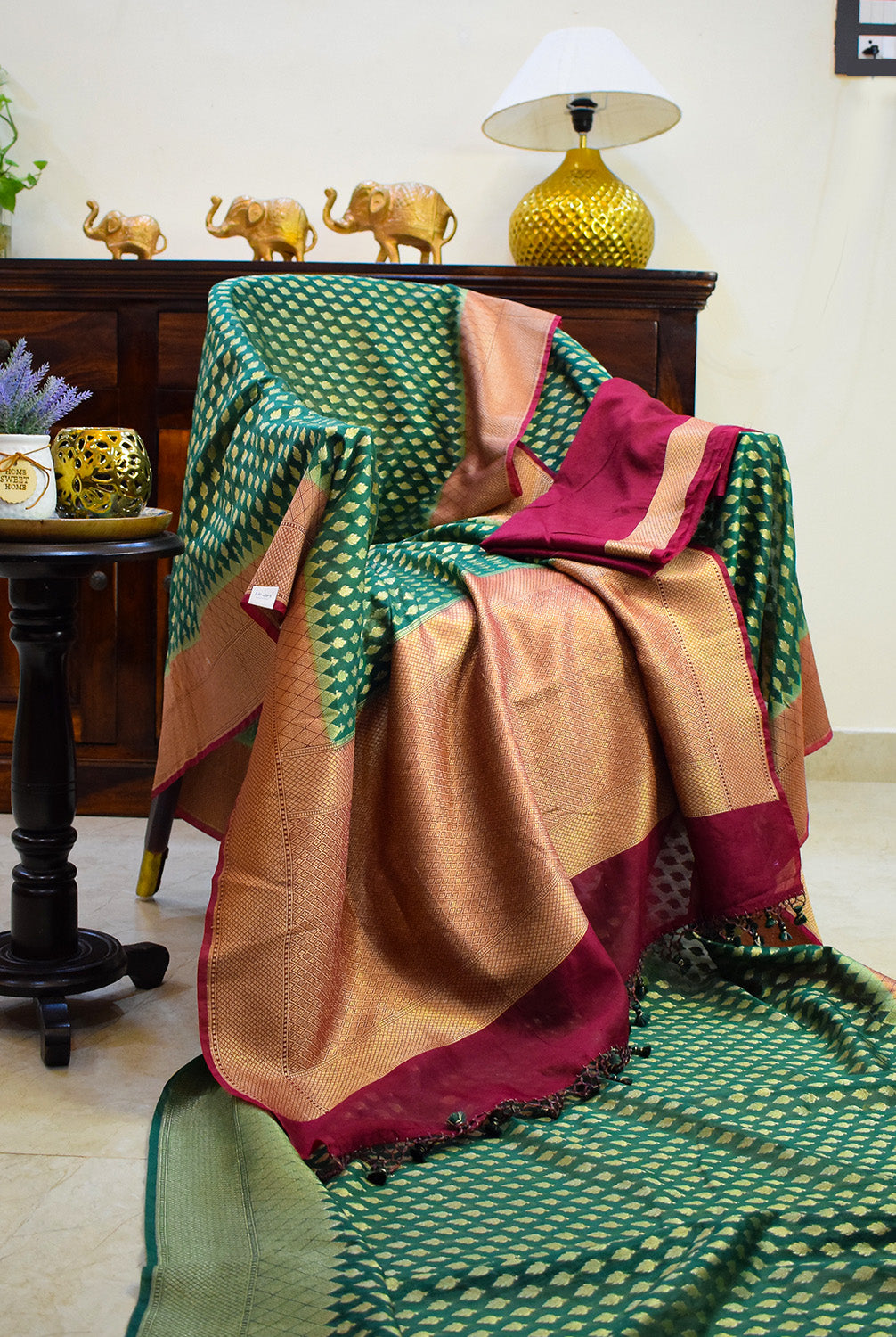 Chanderi Banarasi woven saree-Bottle green
