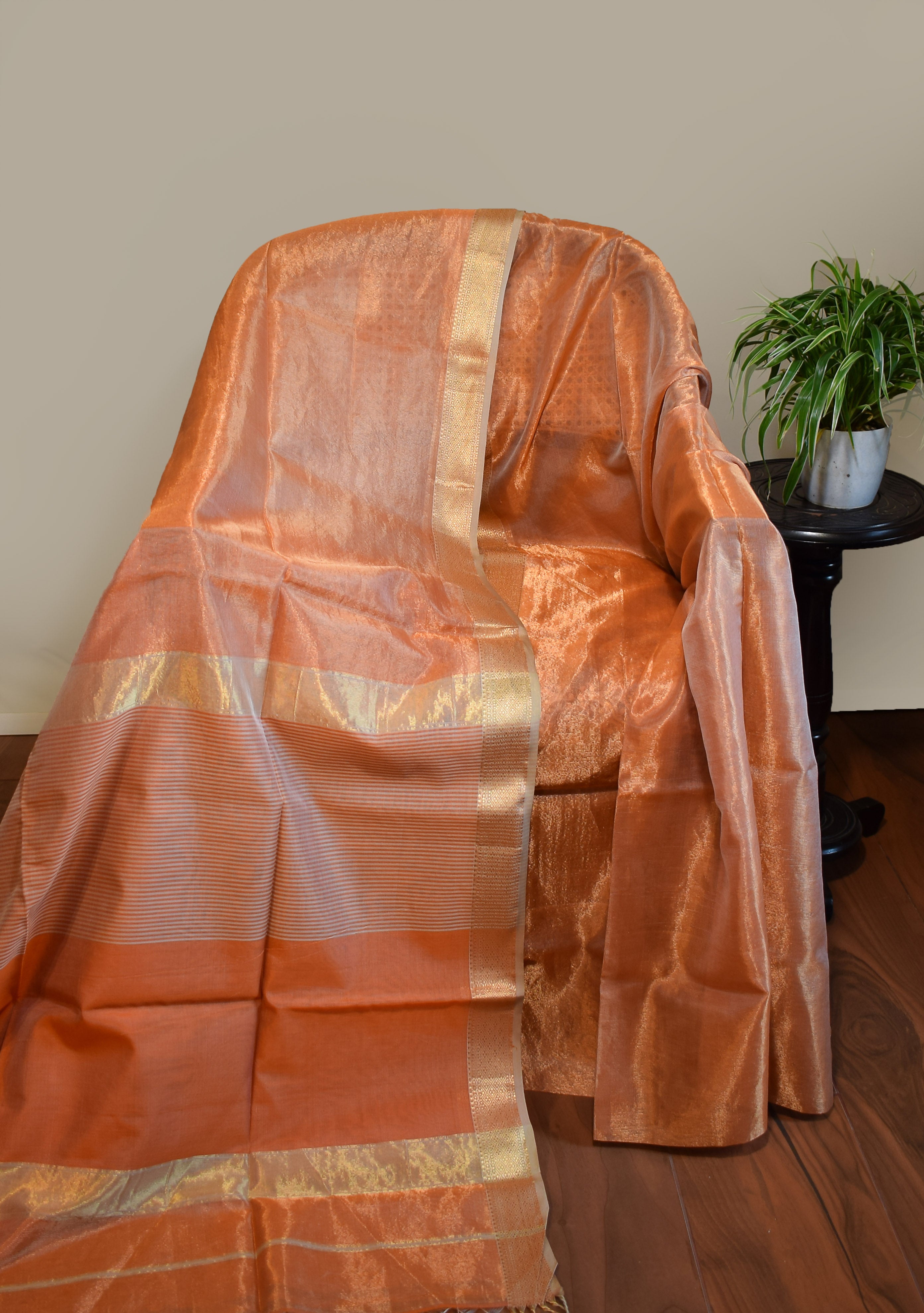 Peach Maheshwari Tissue Silk Saree