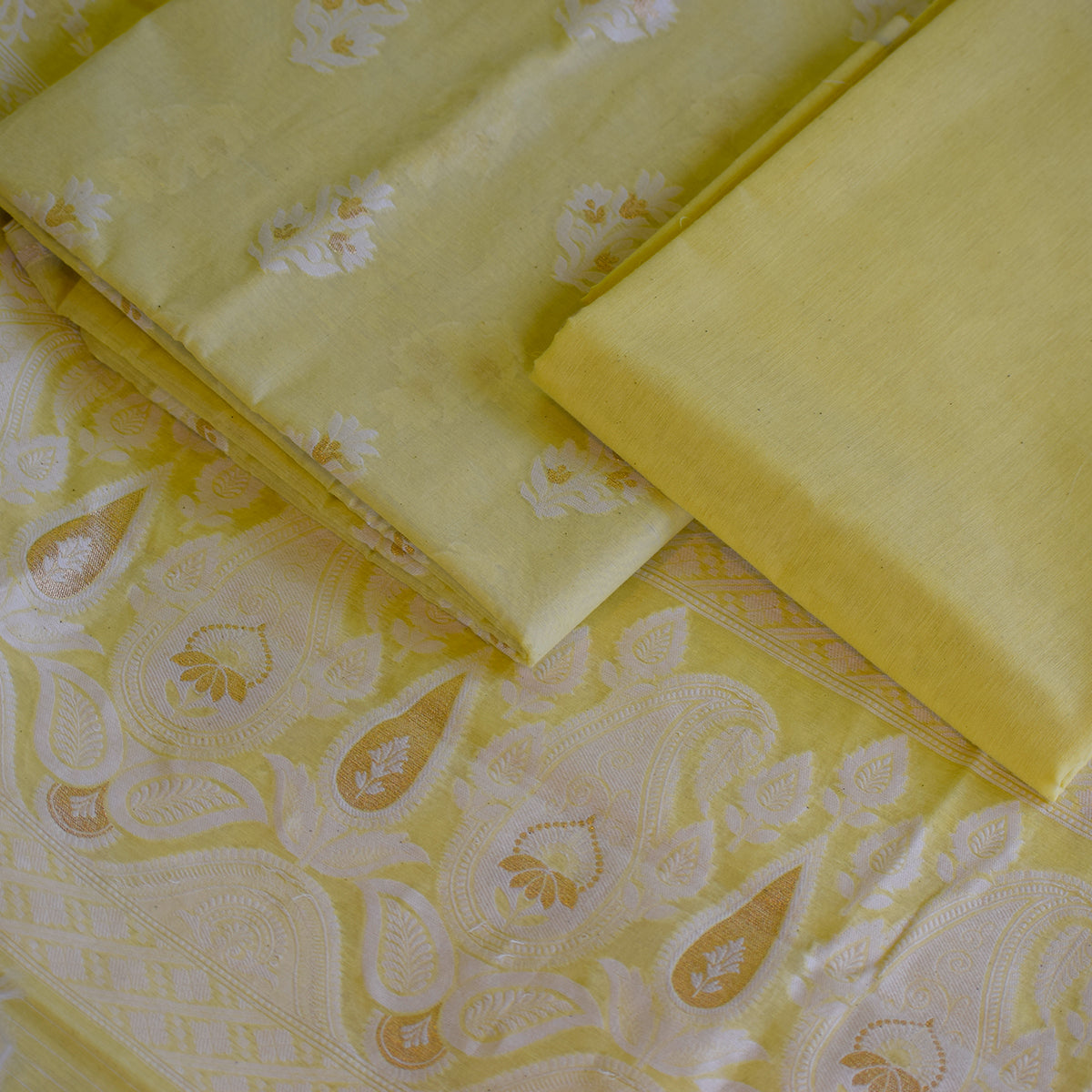 Yellow Chanderi Jamdani Banarasi Suit Set with Paisley & Floral Zari Weaving