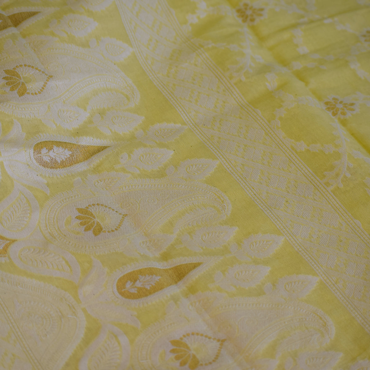 Yellow Chanderi Jamdani Banarasi Suit Set with Paisley & Floral Zari Weaving