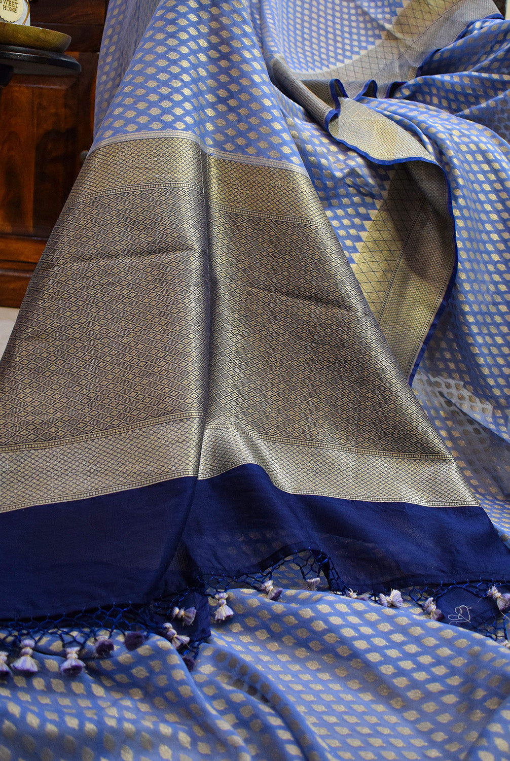 Chanderi Banarasi woven saree-Ash blue