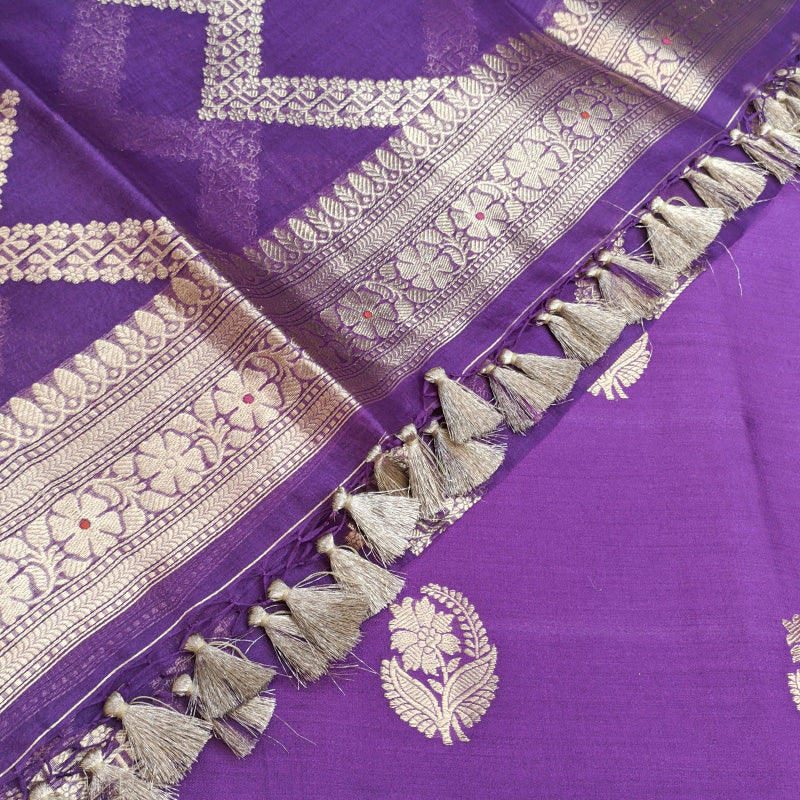 Dark Maroon Banarasi Munga Silk Suit Set with Antique Gold Zari Weave