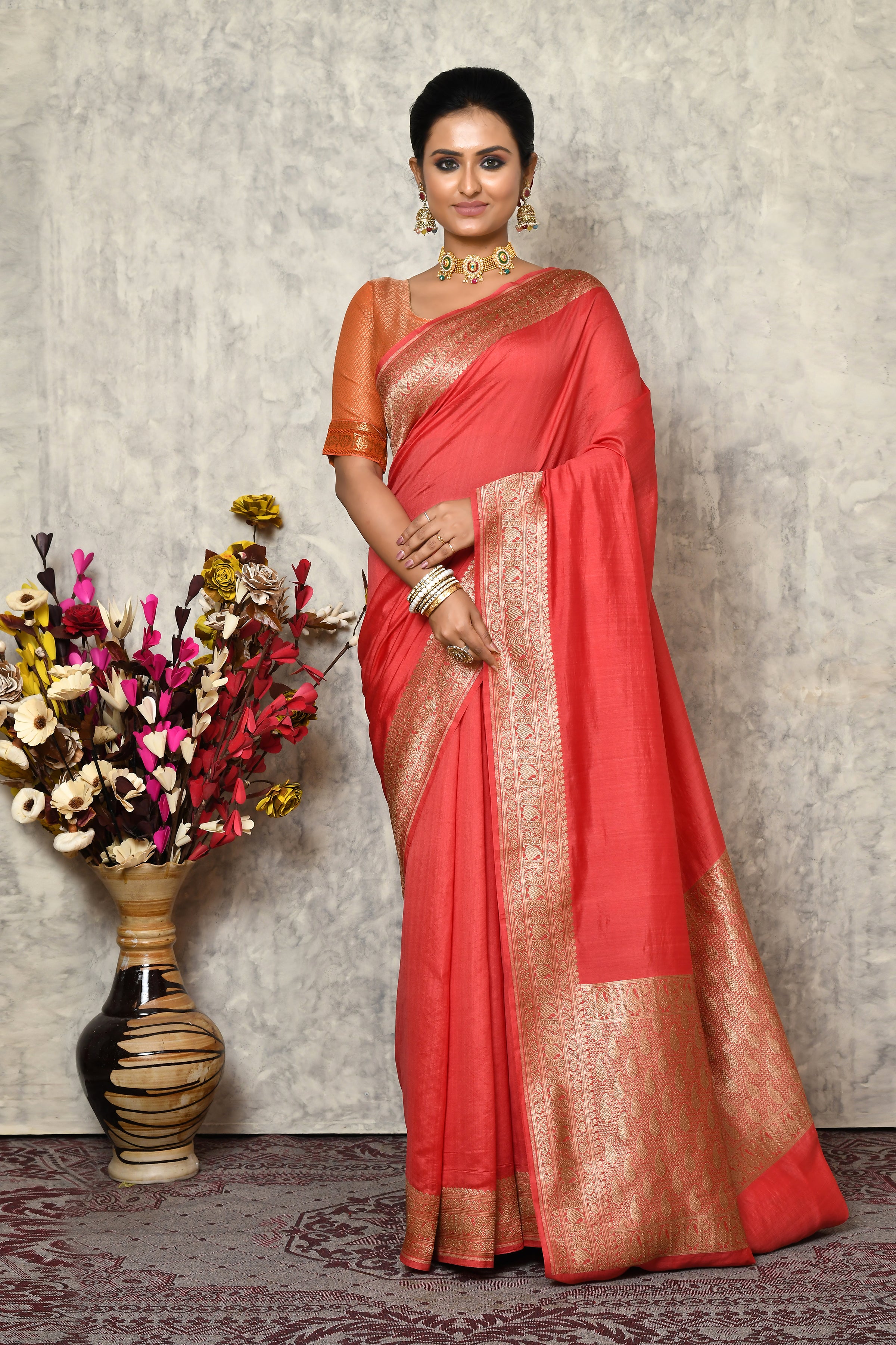 Pure chinia silk saree with broad border & plain body