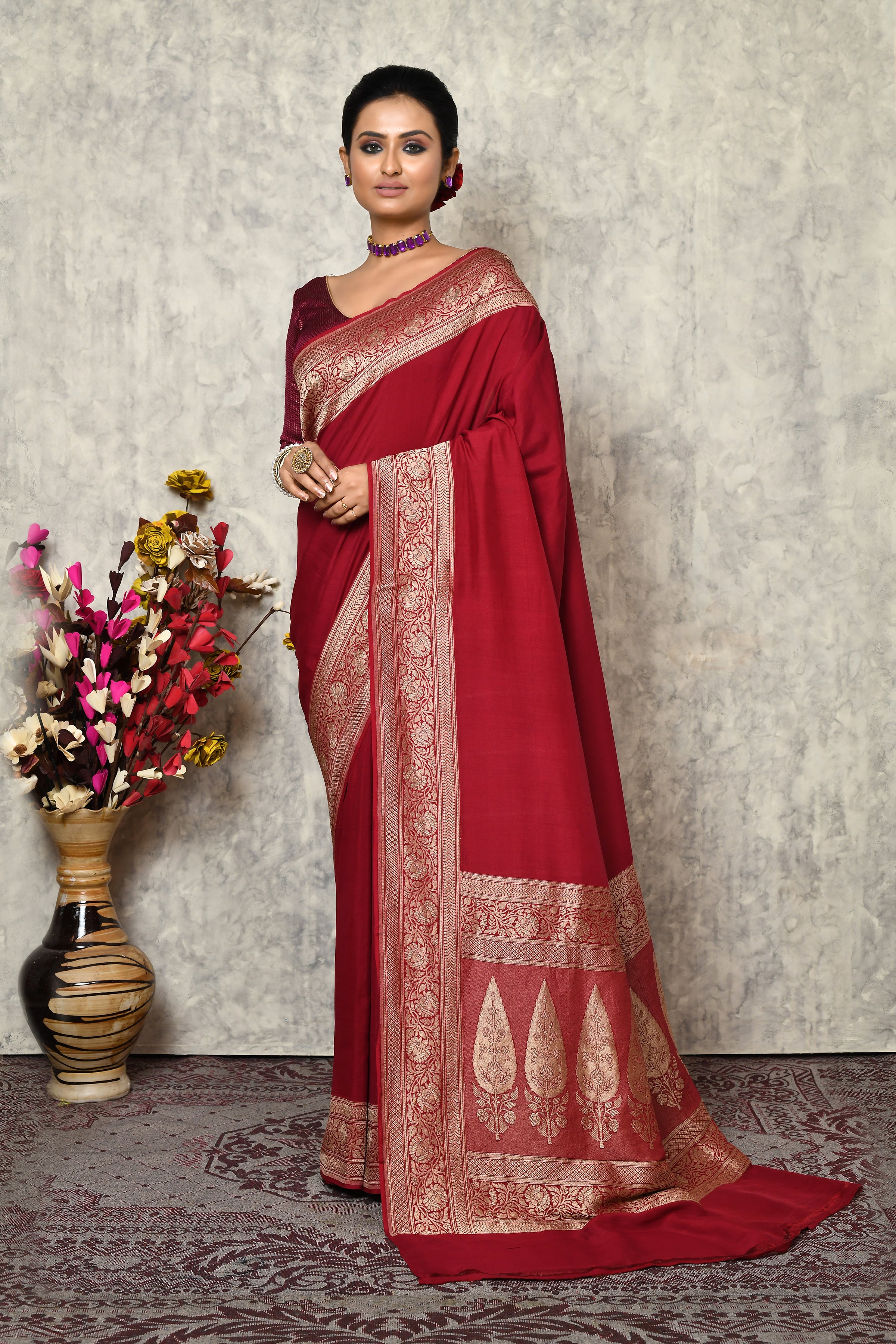 Pure chinia silk saree with broad border & plain body