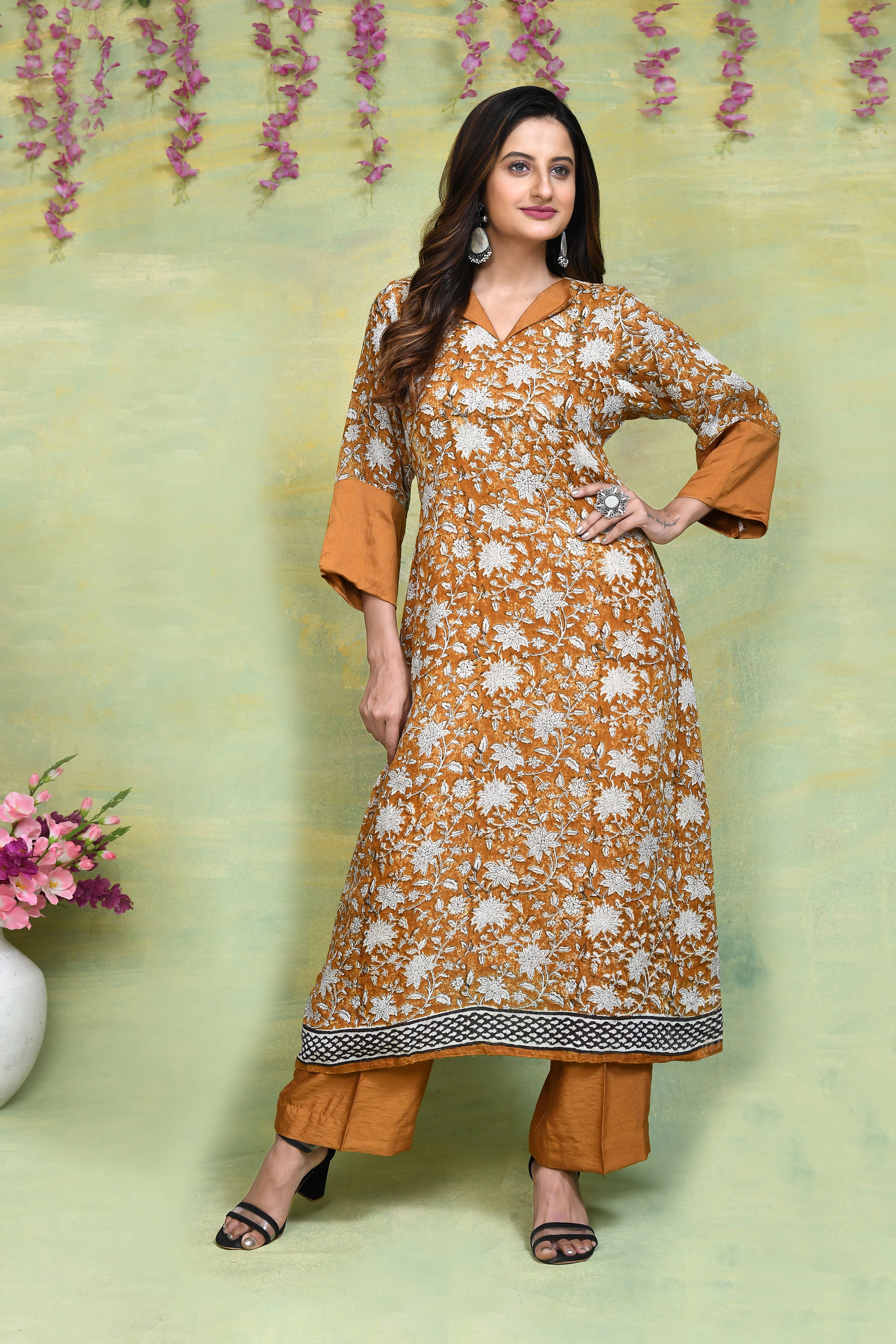 Linen handblock printed straight kurta & bottom set