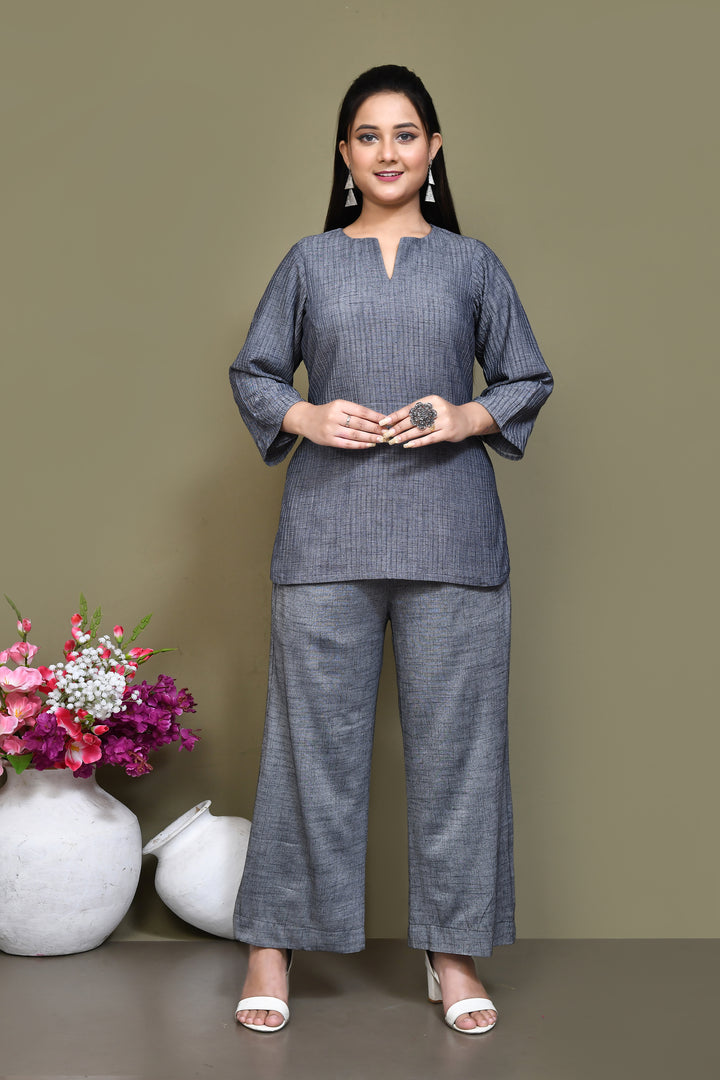 Pintex cotton mid-thigh length high-low top with matching pant