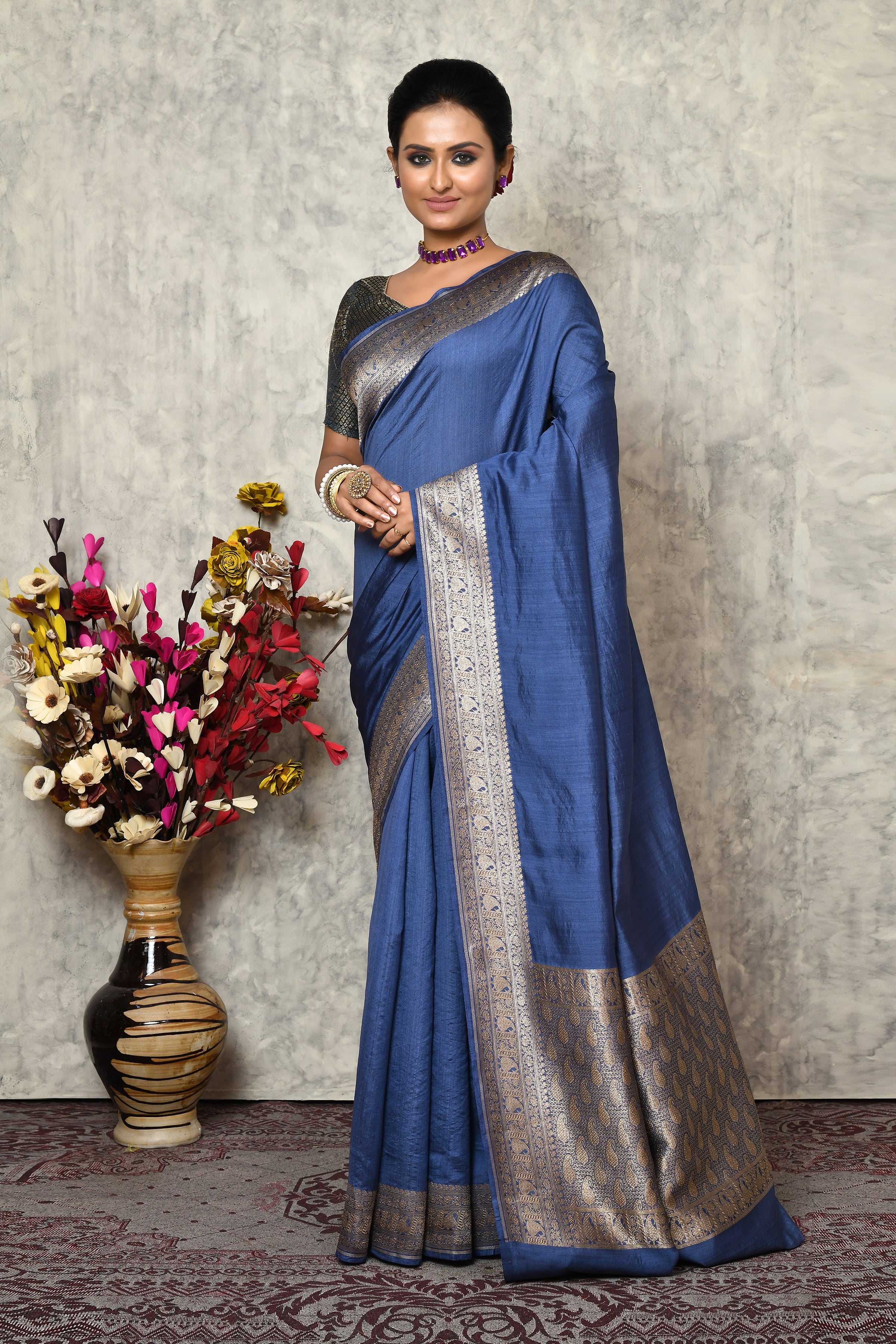 Pure chinia silk saree with broad border & plain body