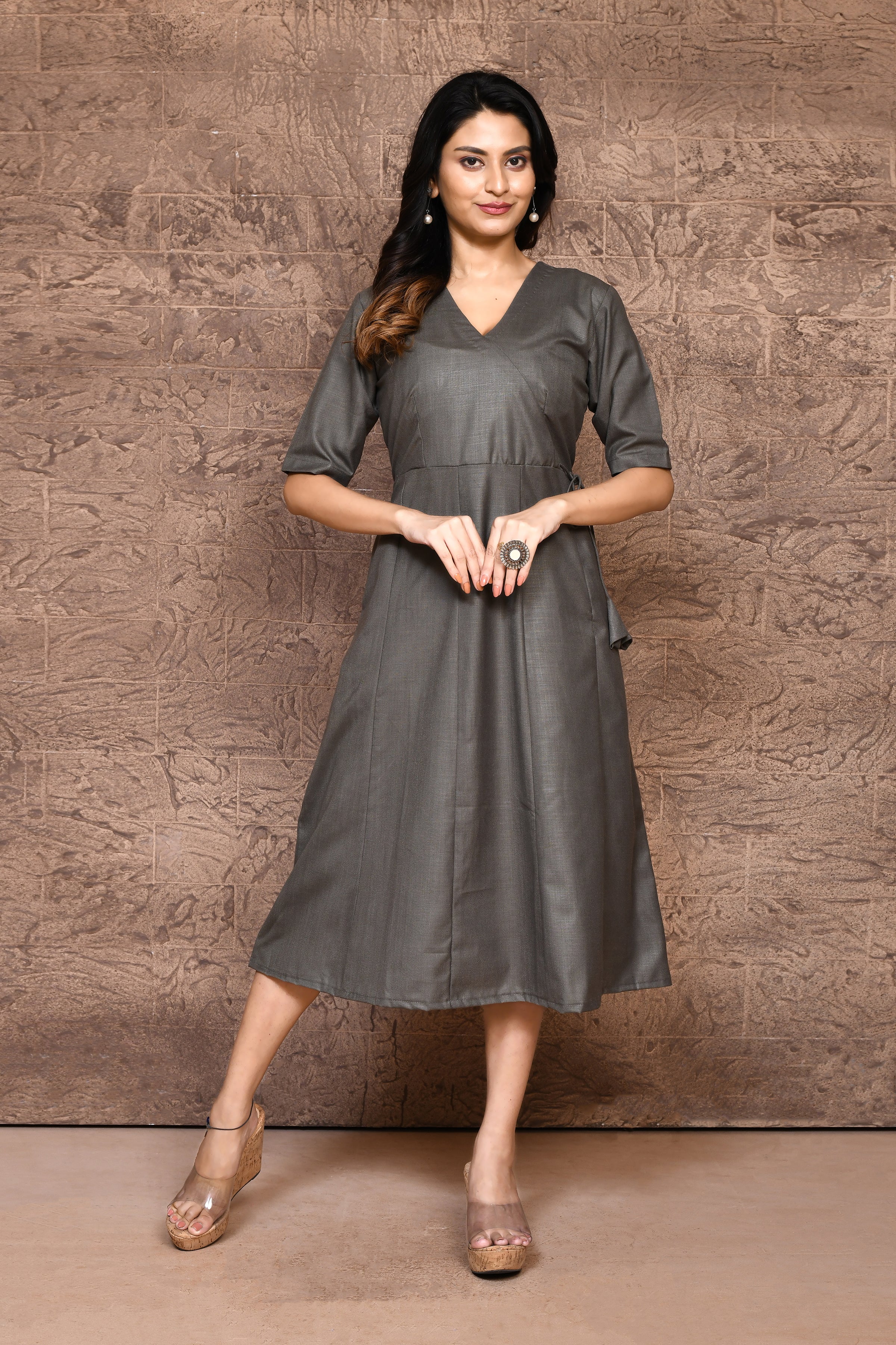 Solid color cotton slub angrakha pattern one piece with V neck and attached strings.