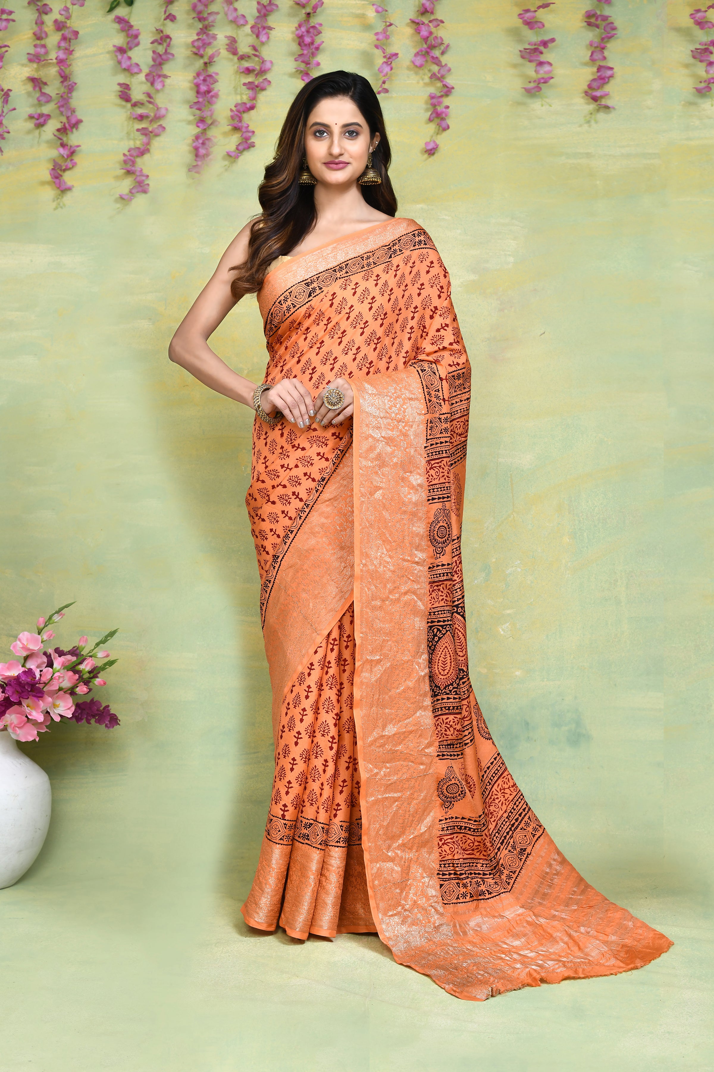 Dark peach Bagh print Dola silk saree