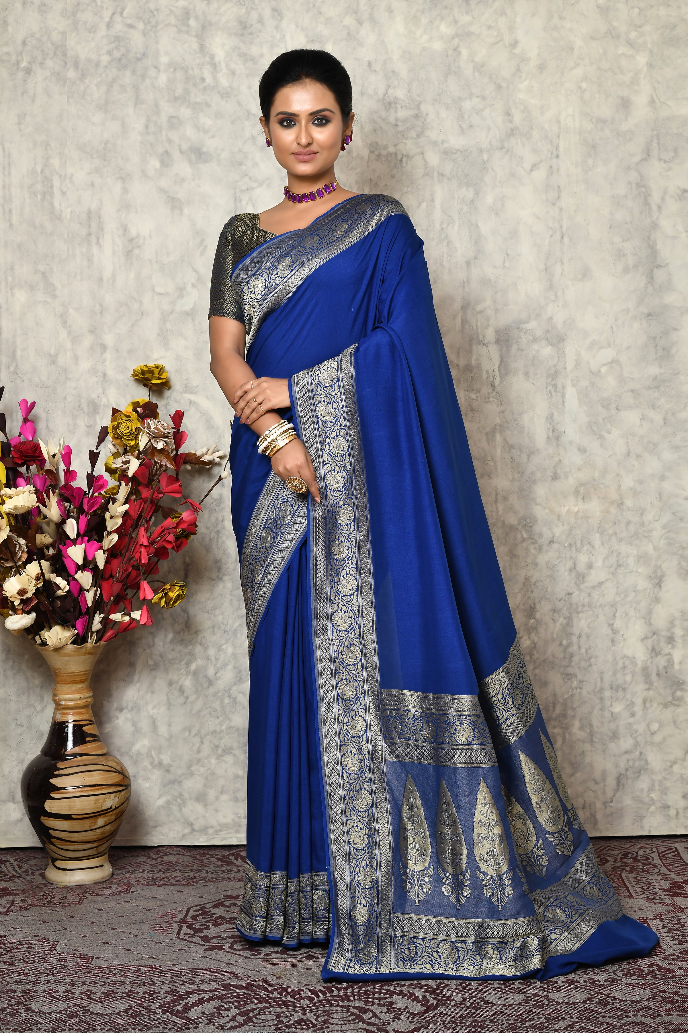 Pure chinia silk saree with broad border & plain body