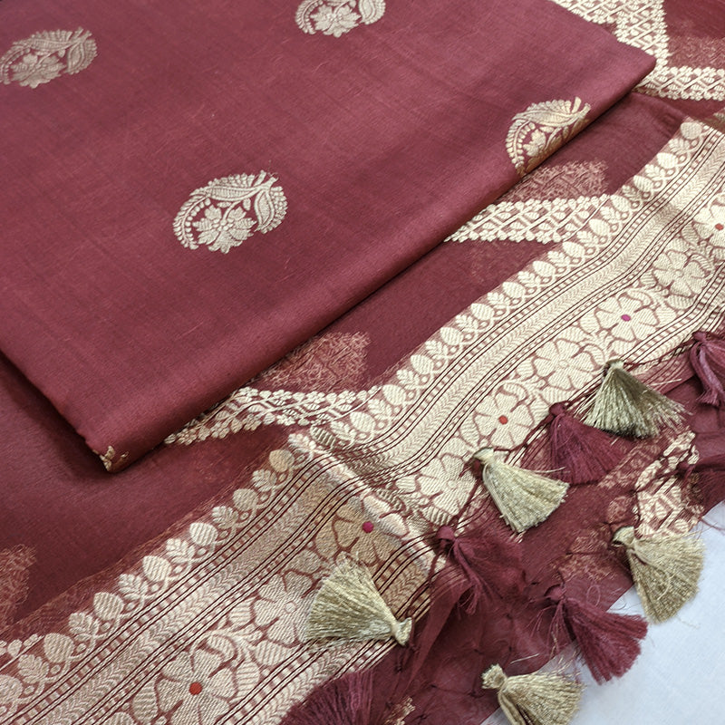 Maroon Tussar Linen Suit Set with Antique Gold Zari Border