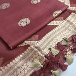 Maroon Tussar Linen Suit Set with Antique Gold Zari Border