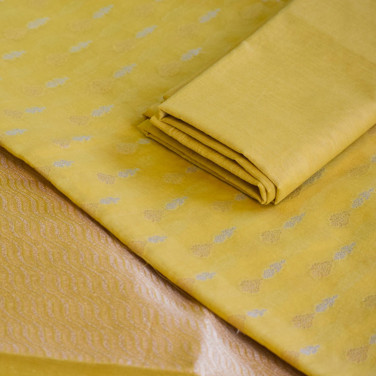 Yellow Chanderi Banarasi Suit Set with Kadwa Zari Weaving
