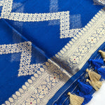Royal Blue Banarasi Munga Silk Suit Set with Antique Gold Zigzag Zari