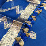Royal Blue Banarasi Munga Silk Suit Set with Antique Gold Zigzag Zari