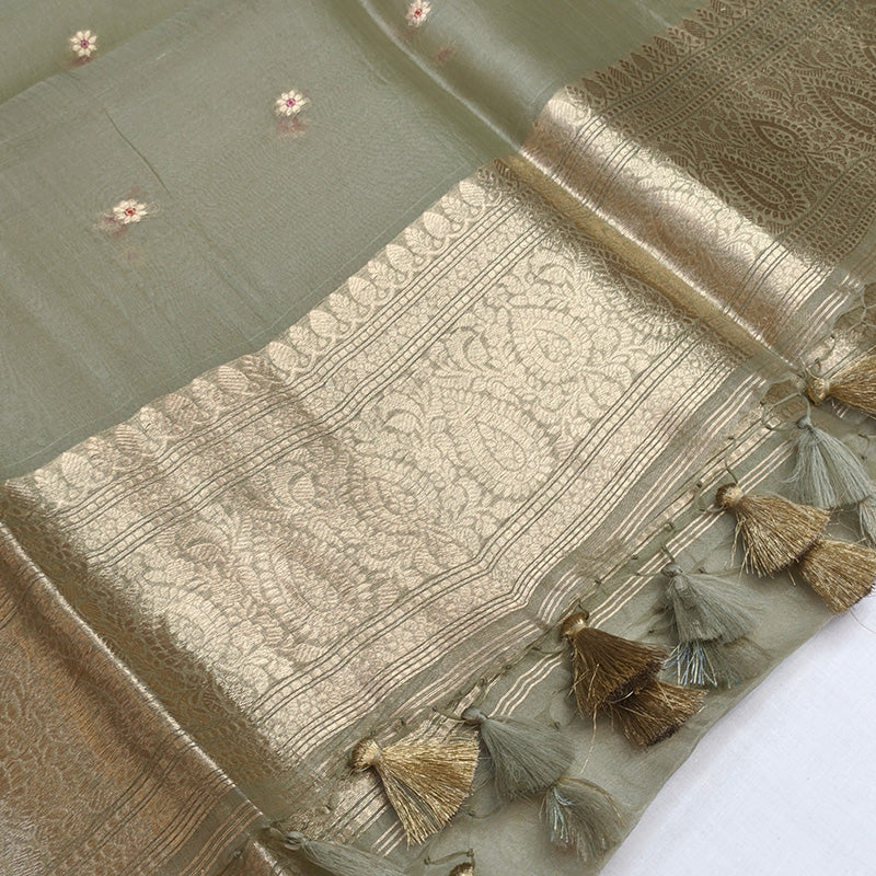 Sage Green Banarasi Munga Silk Suit Set with Zari Buti and Floral Border