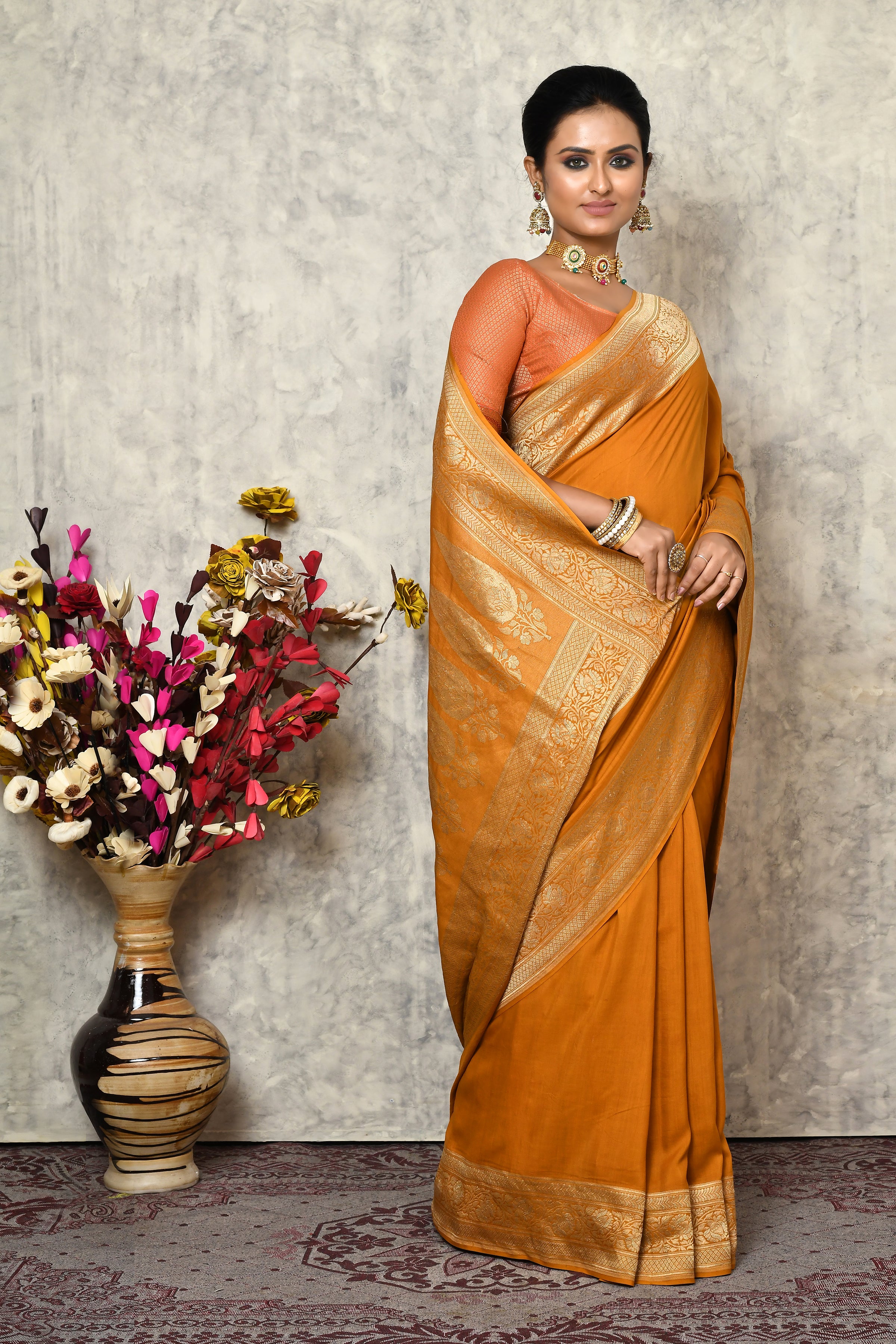 Pure chinia silk saree with broad border & plain body