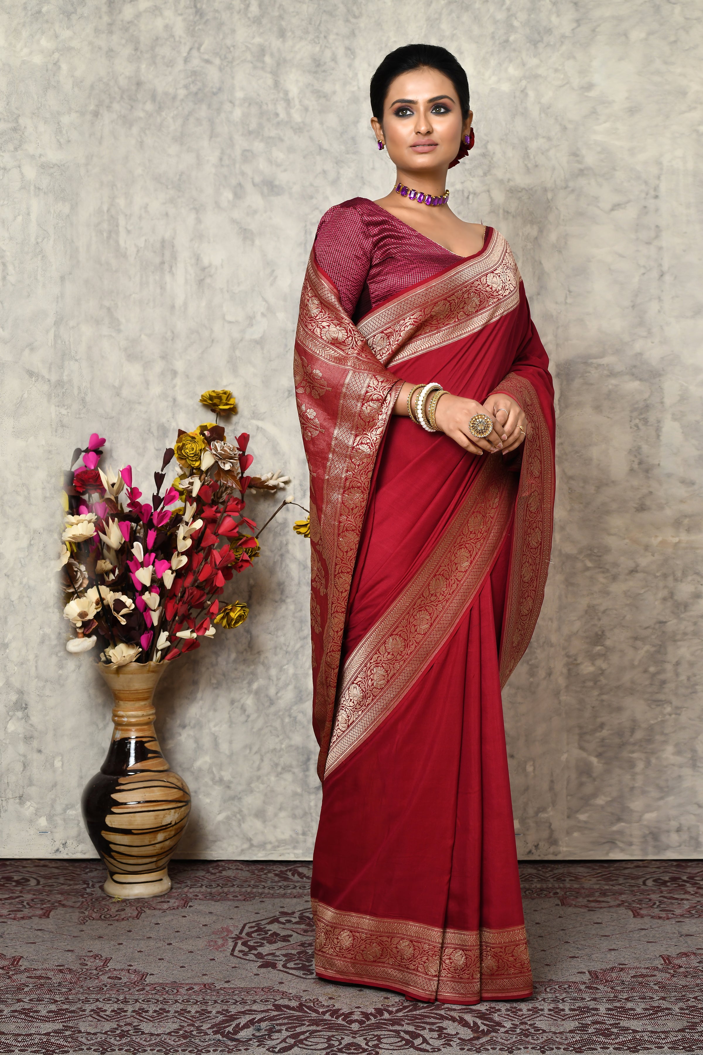 Pure chinia silk saree with broad border & plain body