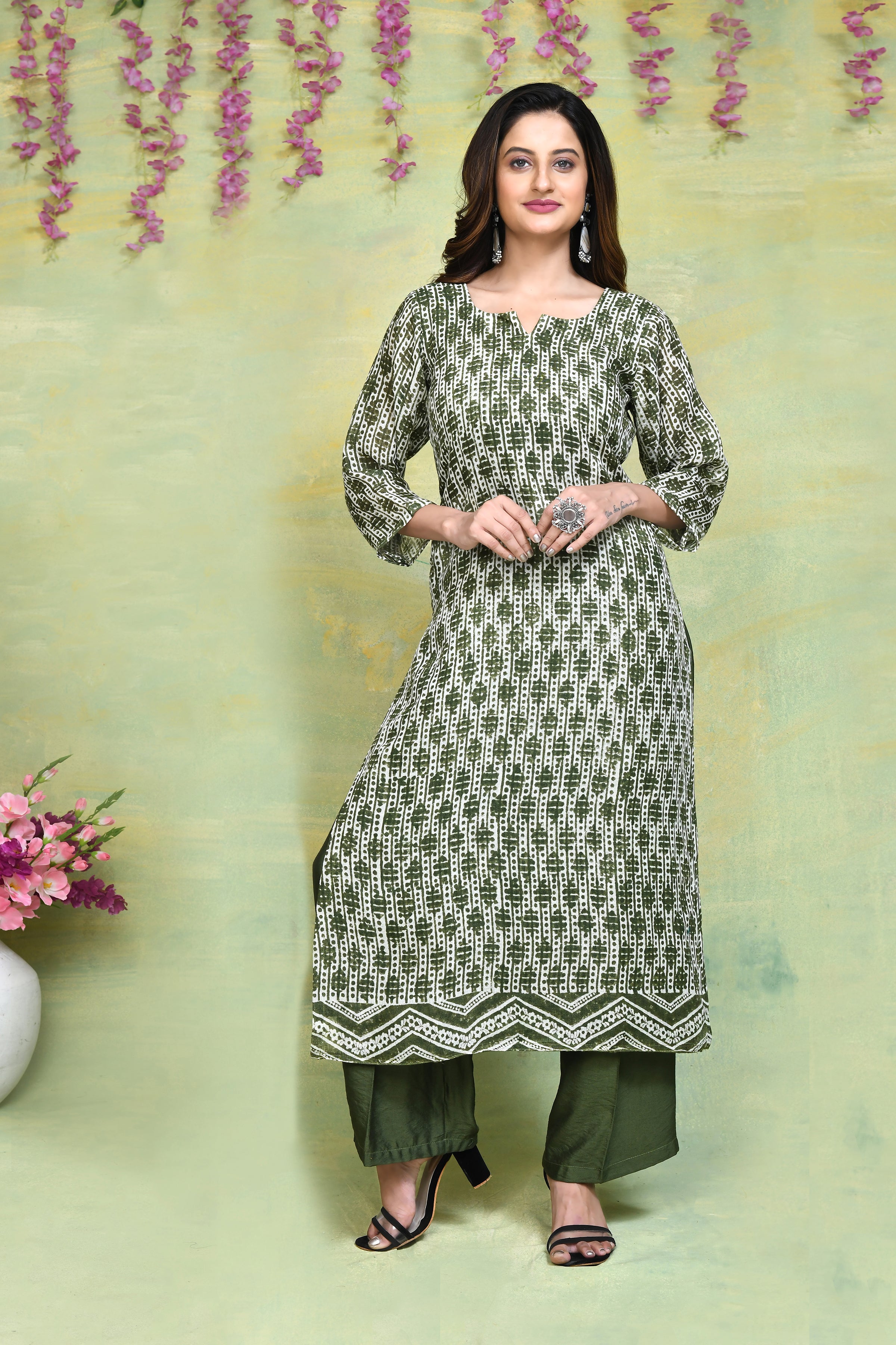 Linen handblock printed straight kurta & bottom set