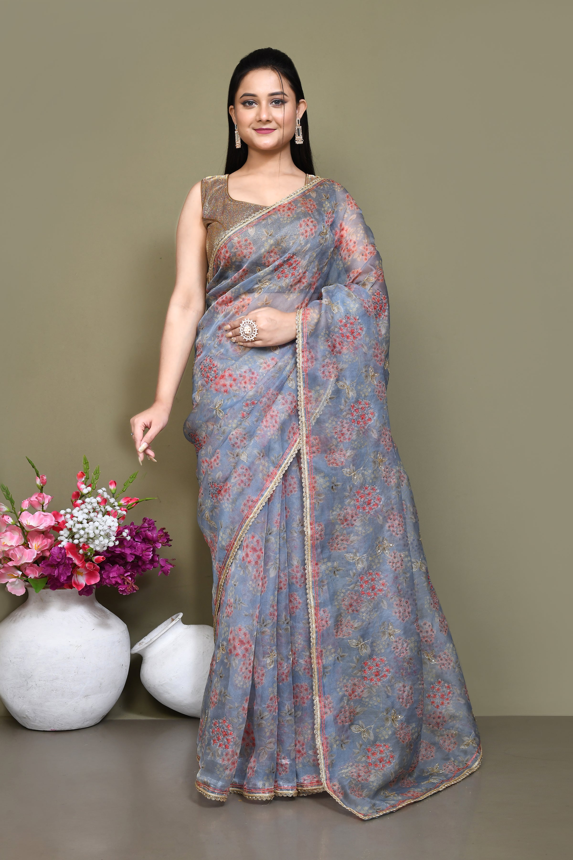 Floral print embroidered pure organza saree