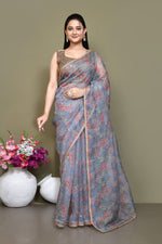 Floral print embroidered pure organza saree