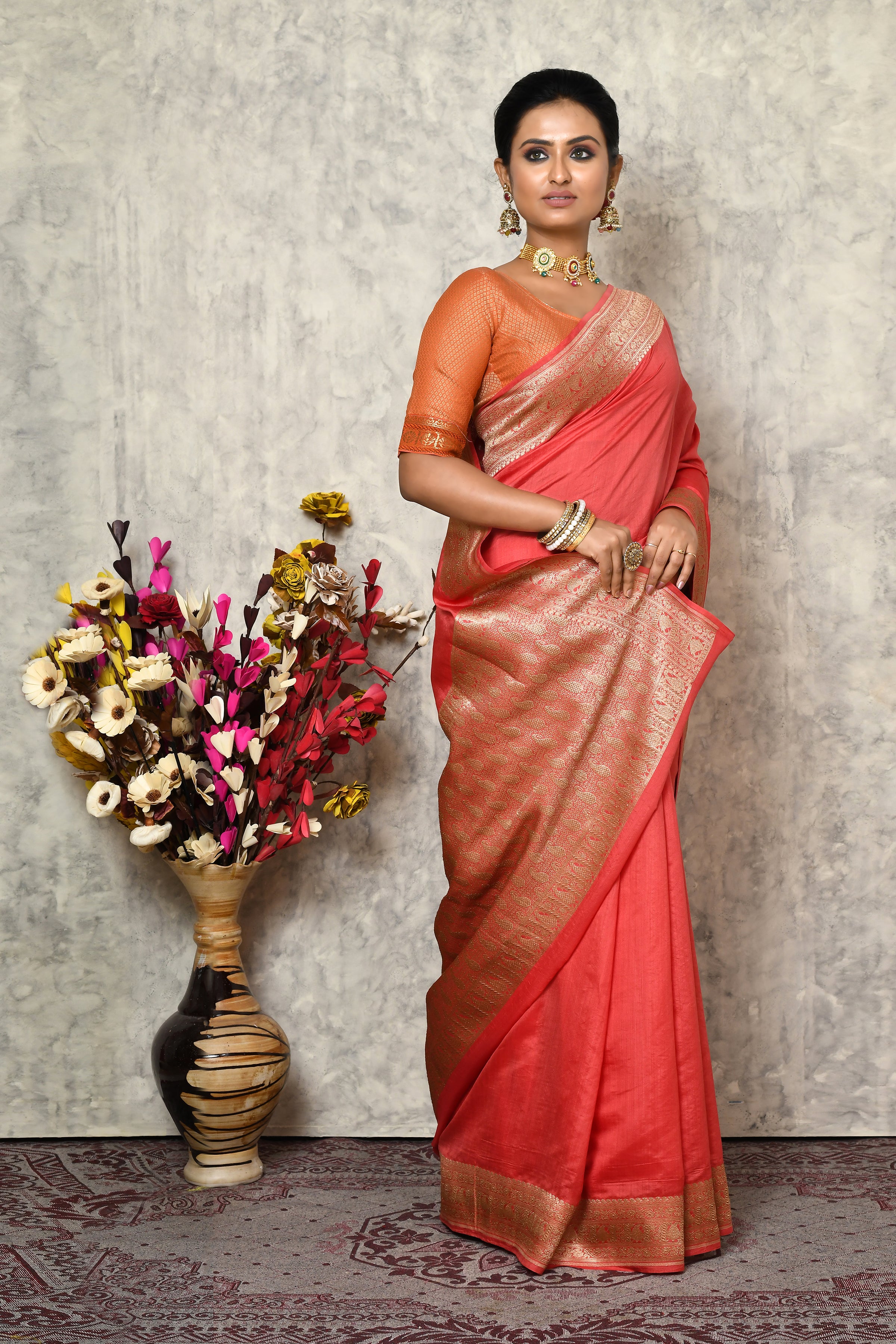 Pure chinia silk saree with broad border & plain body