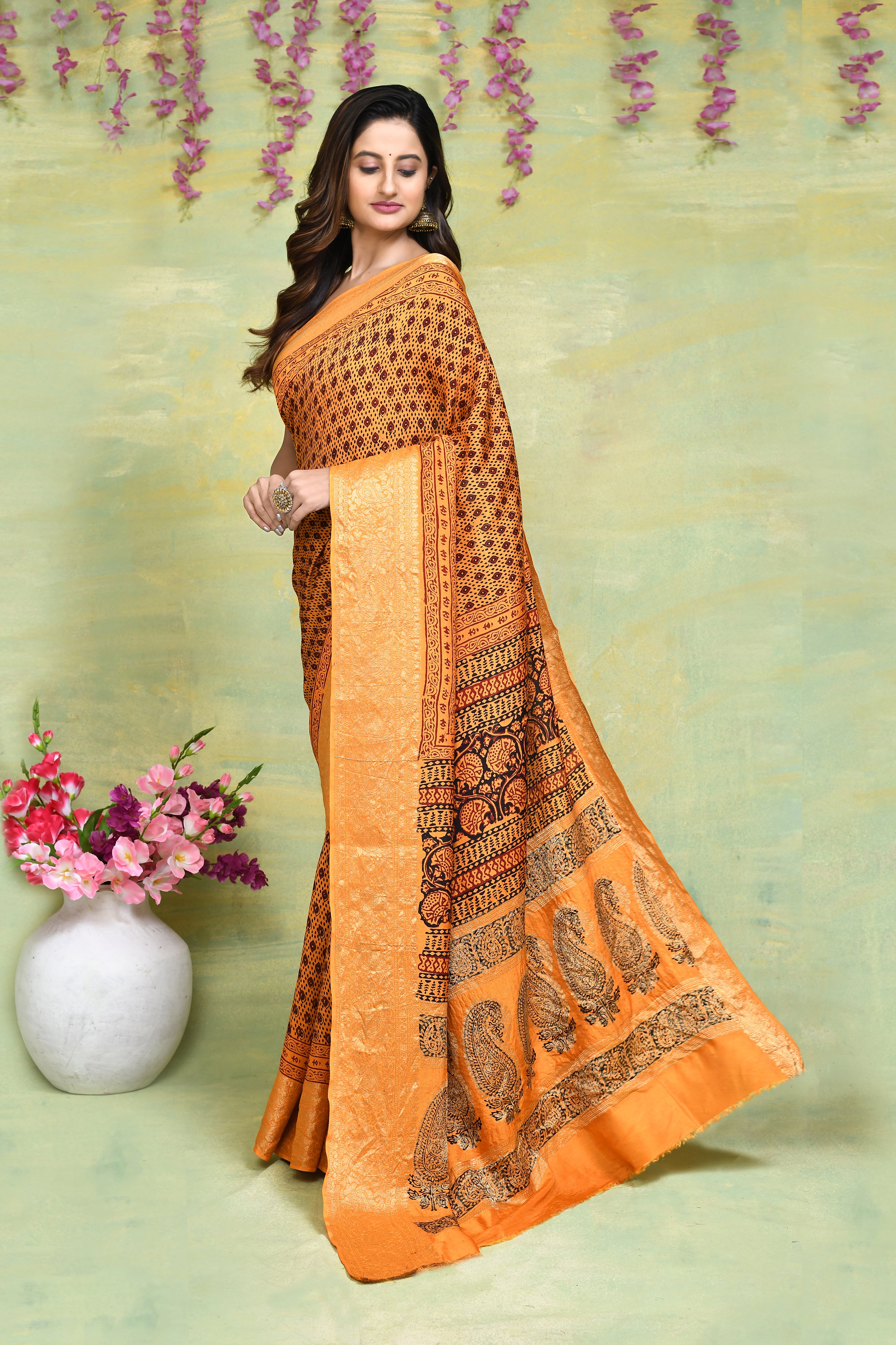 Light orange Bagh print Dola silk saree