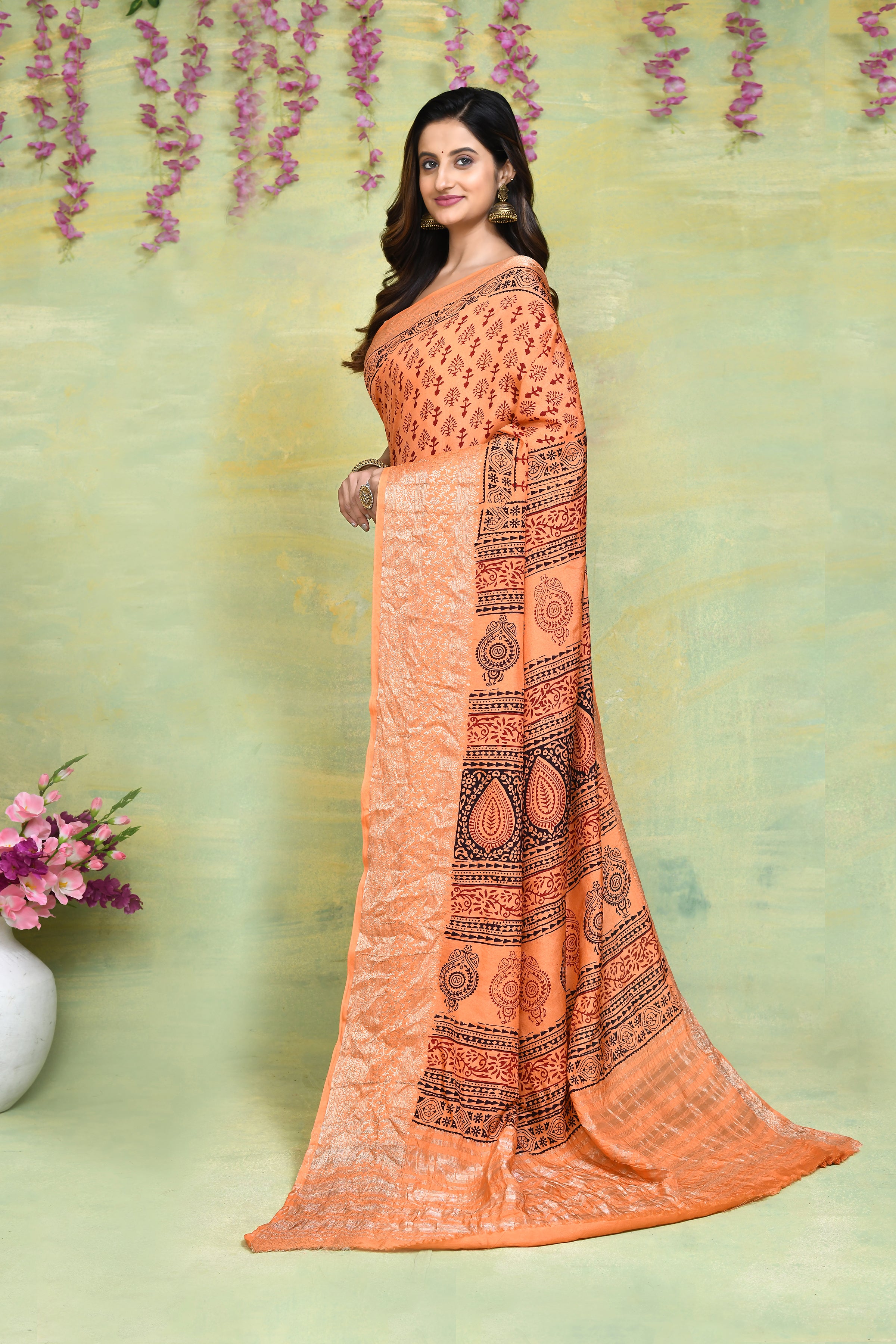 Dark peach Bagh print Dola silk saree