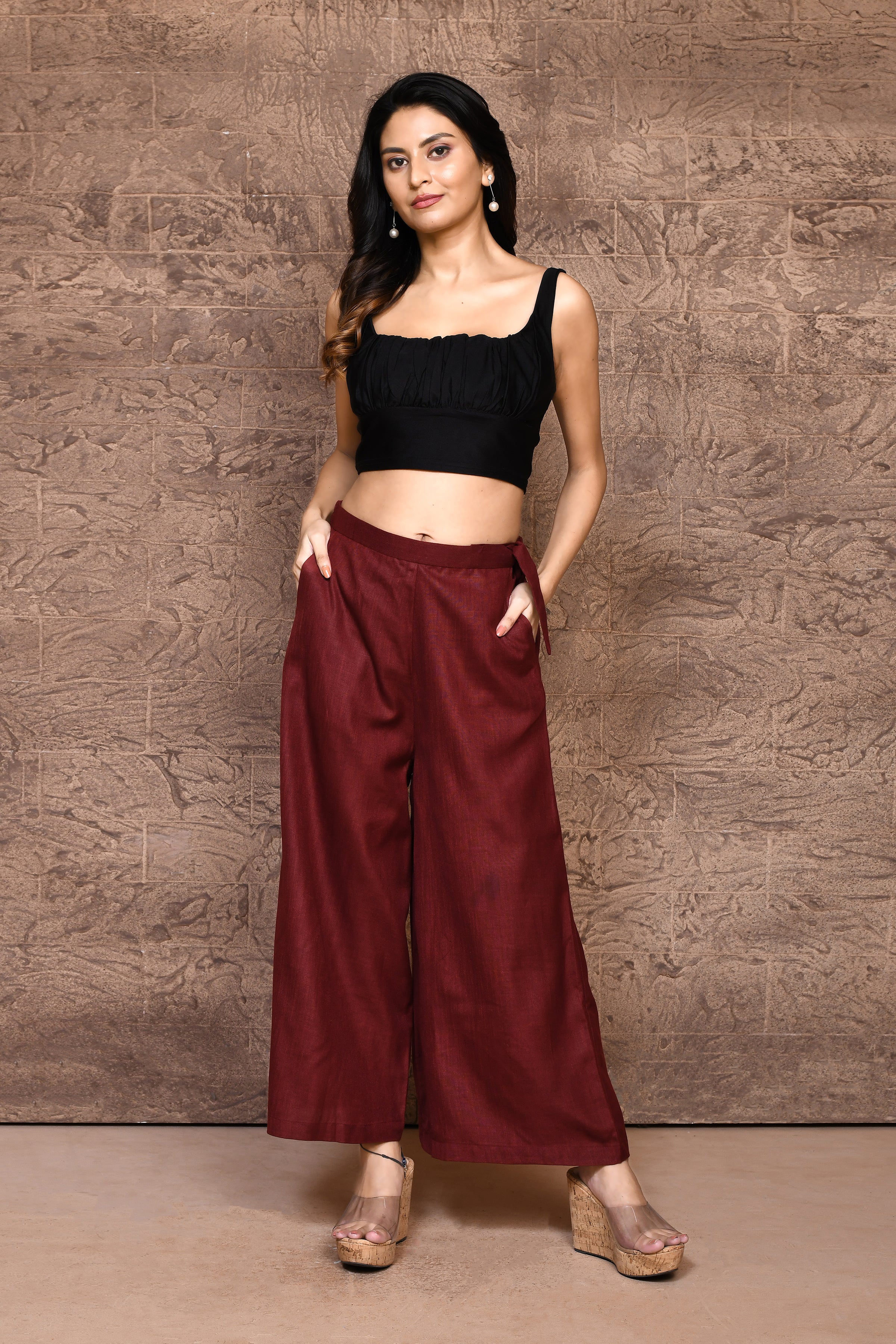 Solid color cotton slub flared pant