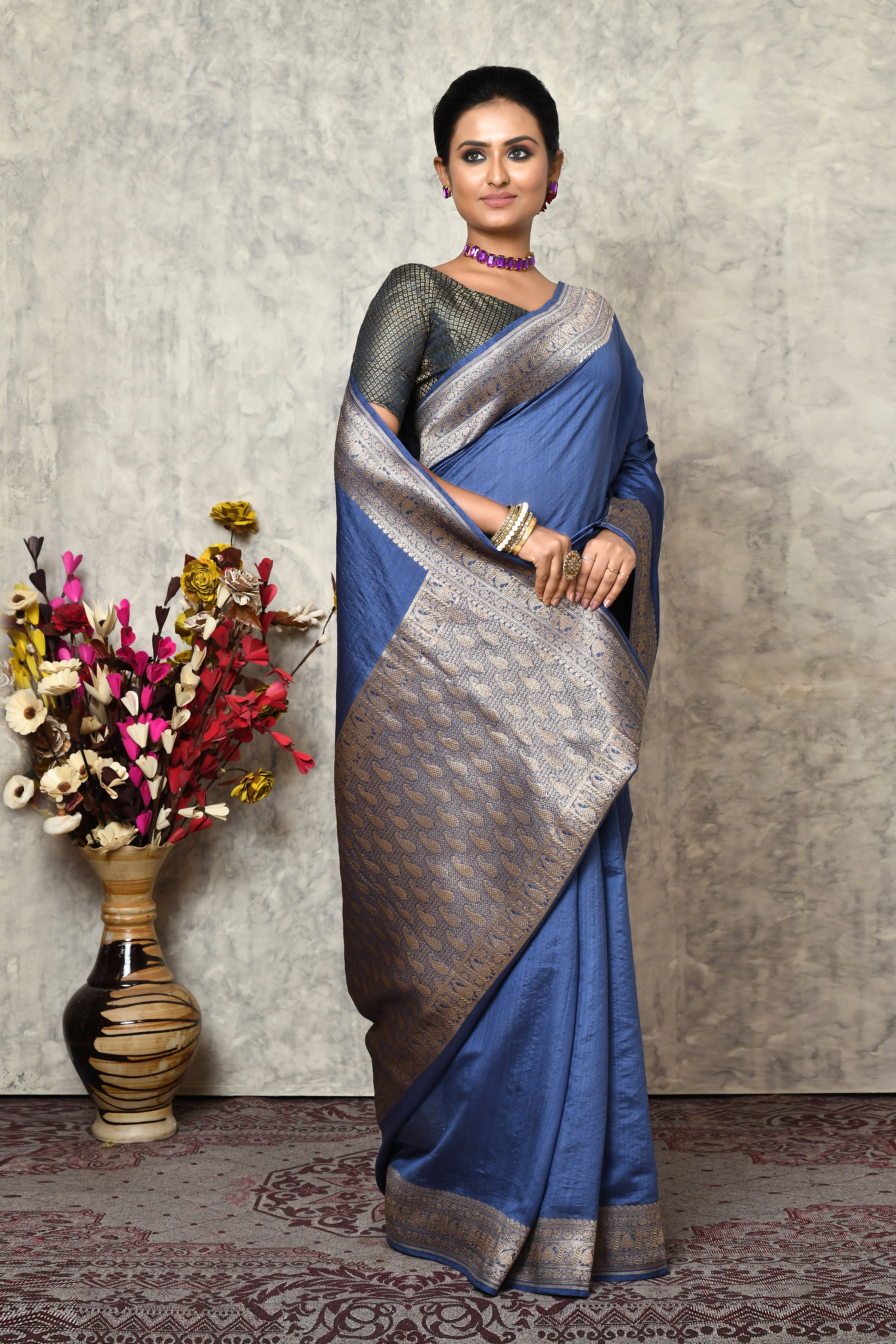Pure chinia silk saree with broad border & plain body