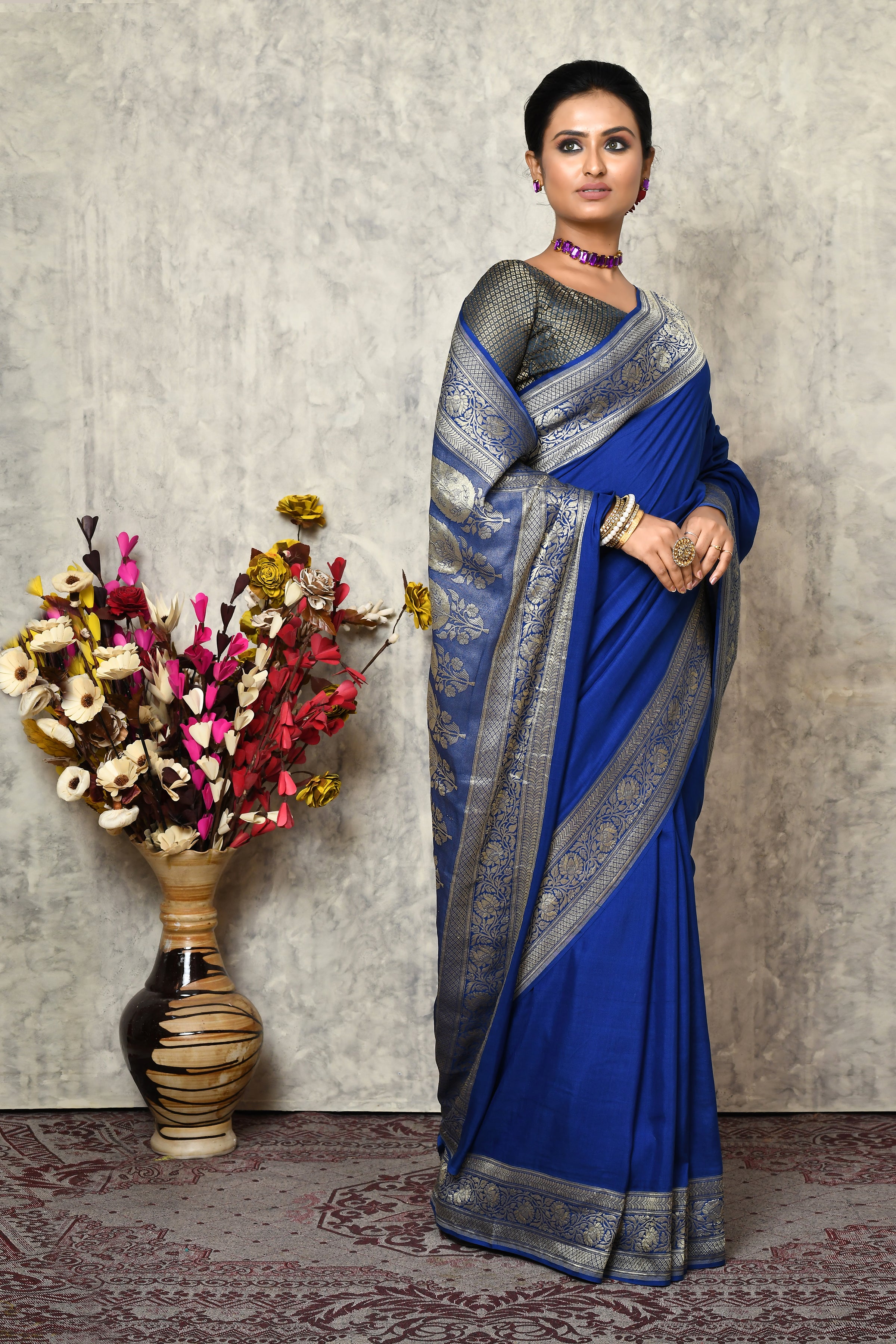 Pure chinia silk saree with broad border & plain body