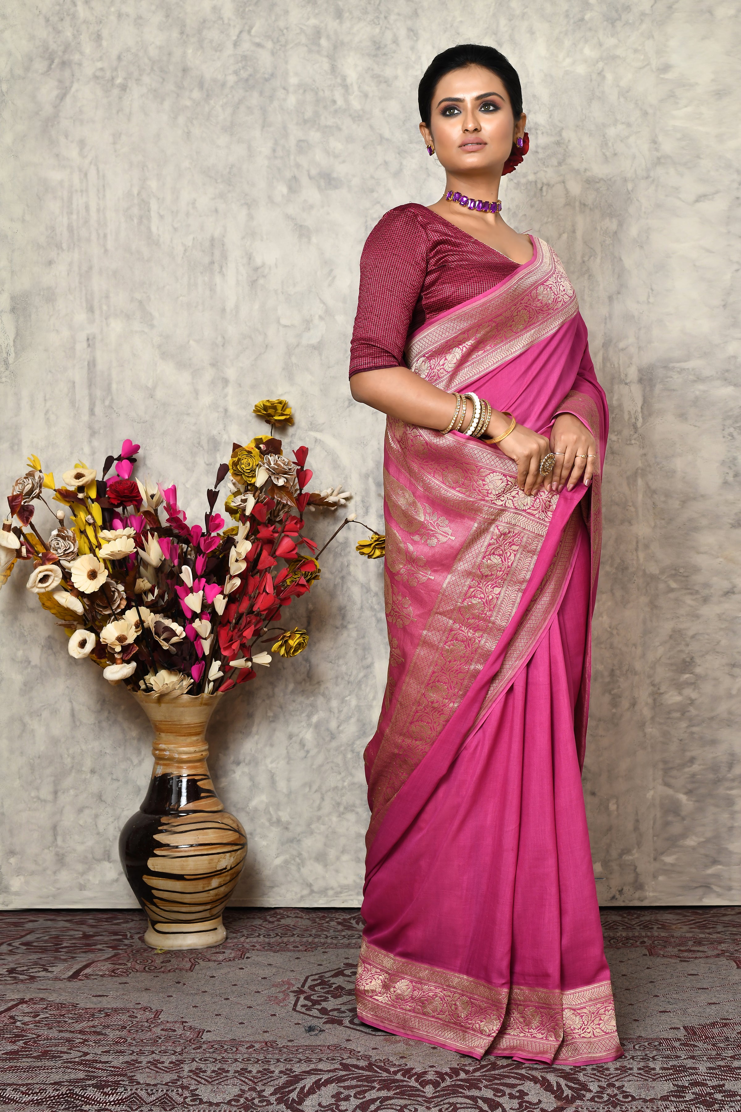 Pure chinia silk saree with broad border & plain body