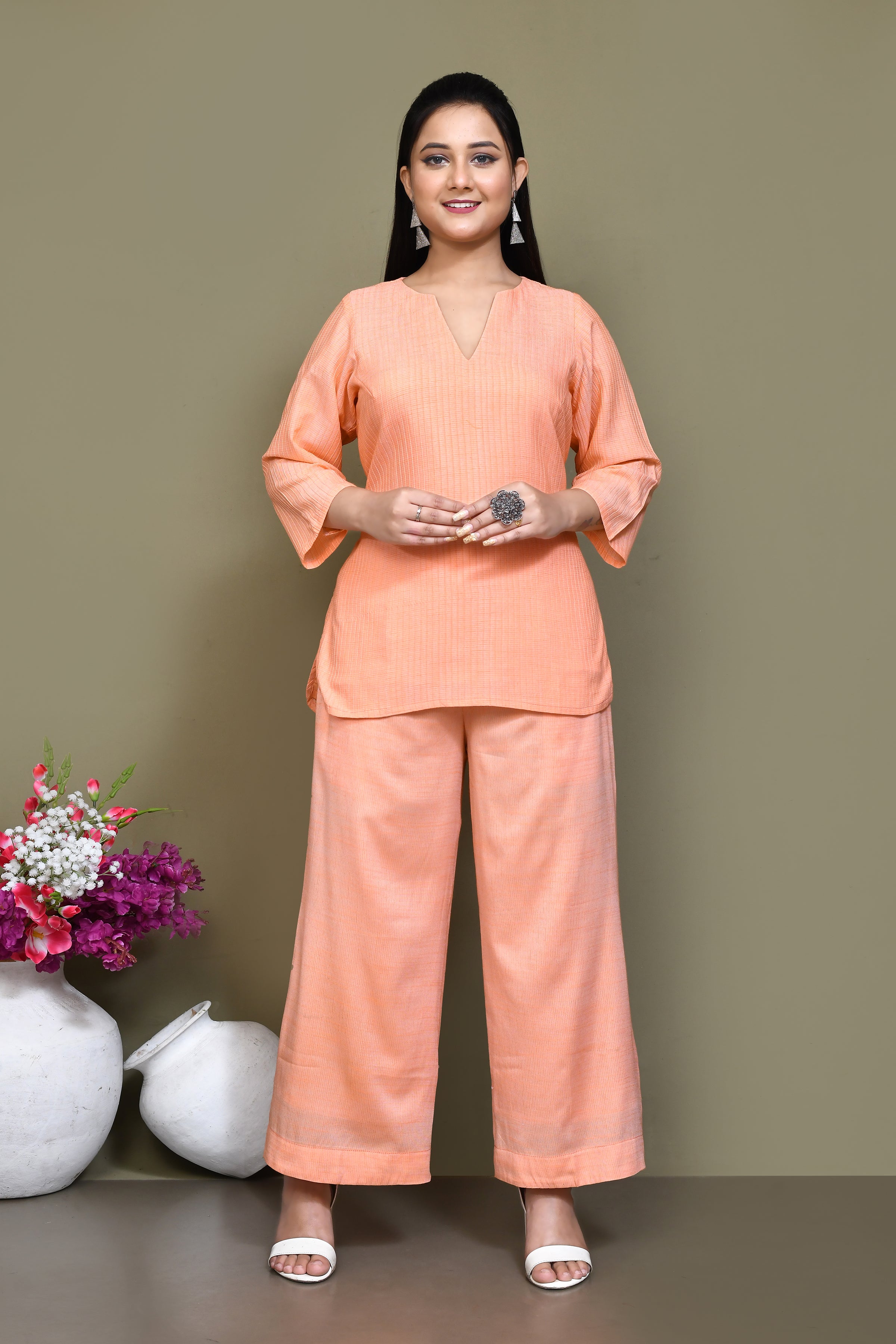 Pintex cotton mid-thigh length high-low top with matching pant