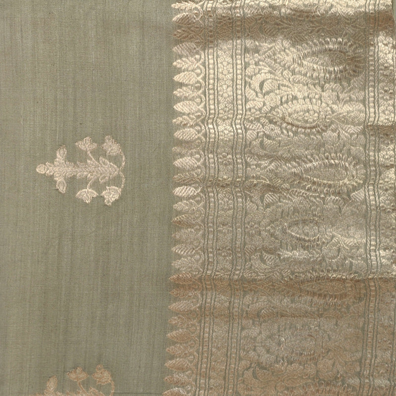Sage Green Banarasi Munga Silk Suit Set with Zari Buti and Floral Border