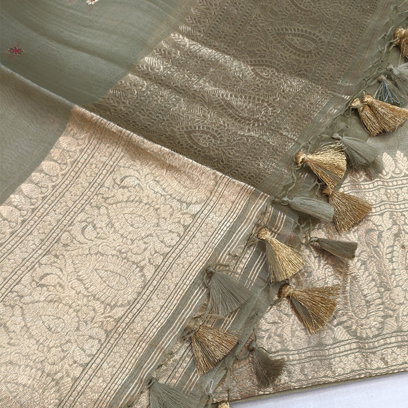 Sage Green Banarasi Munga Silk Suit Set with Zari Buti and Floral Border